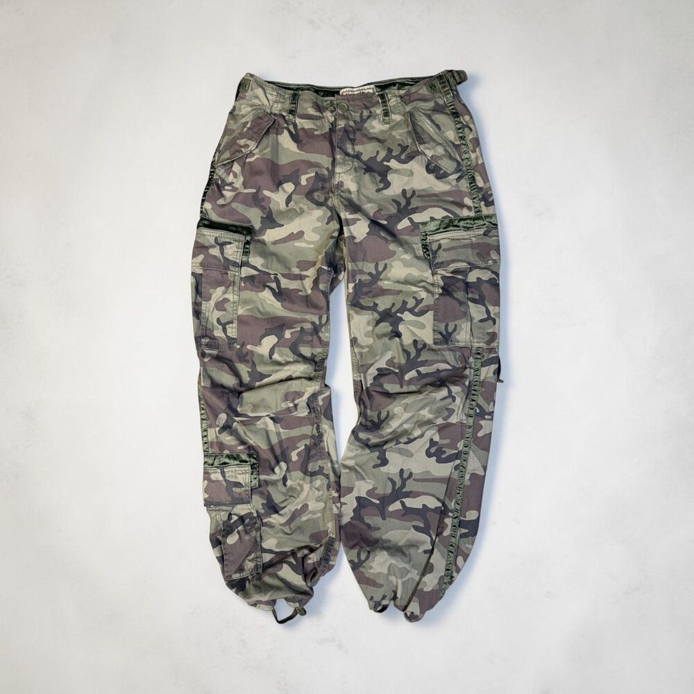 Rare Satin Velvet Trim Vintage Abercrombie Fitch Camo Cargo Parachute Pants Y2K